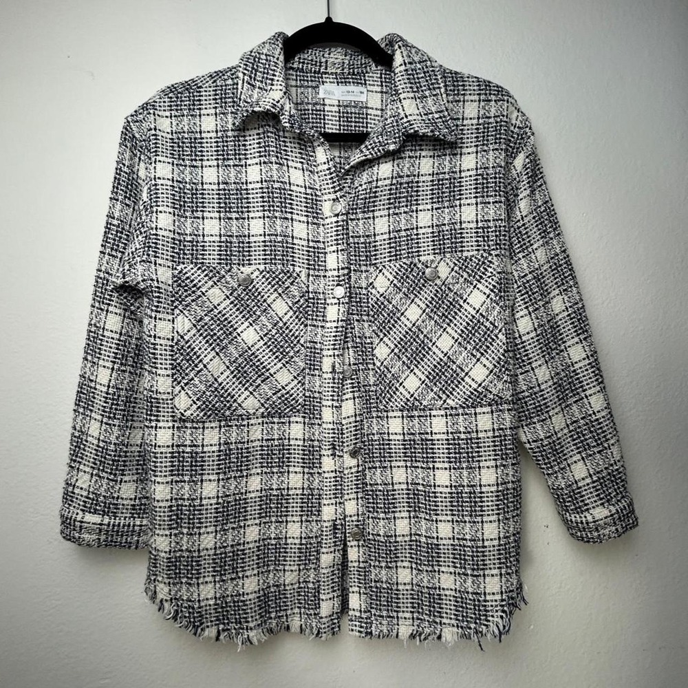 Zara size 14 plaid oversized shacket tweed grunge indie sleaze fringe curved hem